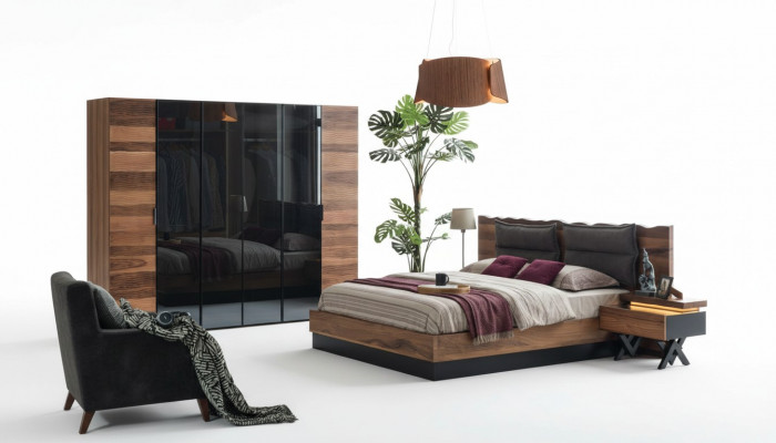 Modern Schlofzëmmer Miwwelen Designer Bett 2x Nopeschdëscher Kleederschaf