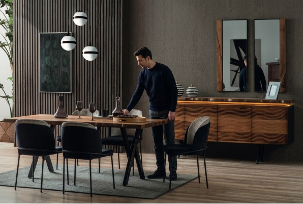 Komplett Braun-Schwaarz Iessgrupp Designer Holz Iessdësch Polsterstillen