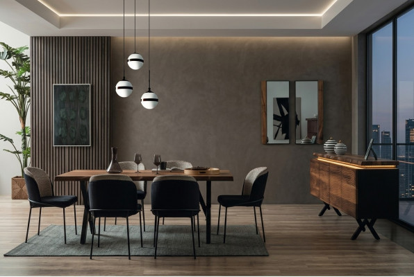 Komplett Braun-Schwaarz Iessgrupp Designer Holz Iessdësch Polsterstillen