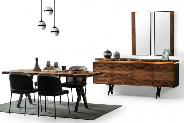 Komplett Braun-Schwaarz Iessgrupp Designer Holz Iessdësch Polsterstillen