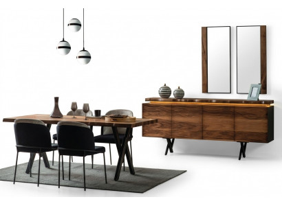 Komplett Braun-Schwaarz Iessgrupp Designer Holz Iessdësch Polsterstillen