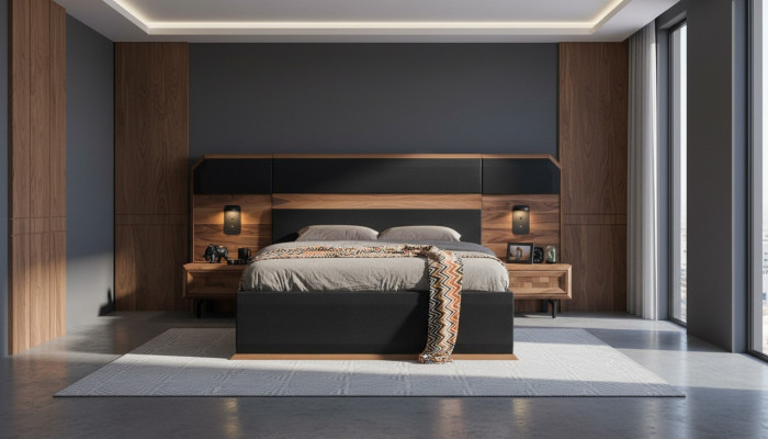 Braun-Schwaarz Holz Schlofzëmmer Set Duebelbett 2x Nuetsdëscher 3 Deeler