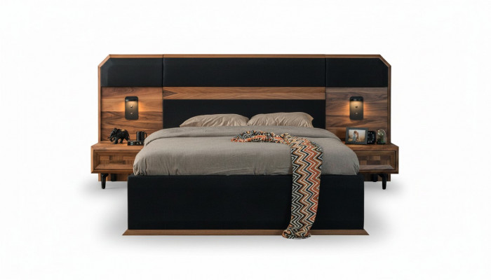 Braun-Schwaarz Holz Schlofzëmmer Set Duebelbett 2x Nuetsdëscher 3 Deeler