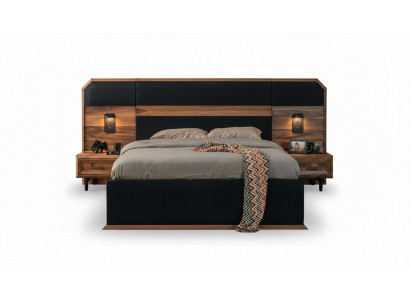 Braun-Schwaarz Holz Schlofzëmmer Set Duebelbett 2x Nuetsdëscher 3 Deeler