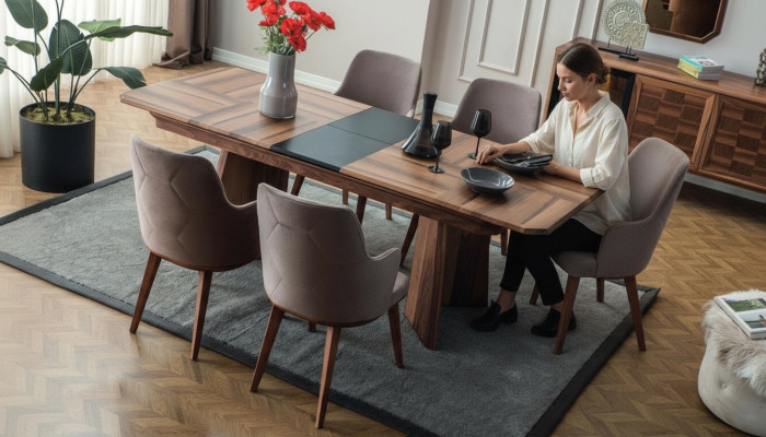 Komplett Iessgrupp Designer Iessgewand Holz Iessdësch 6x gepolstert Still