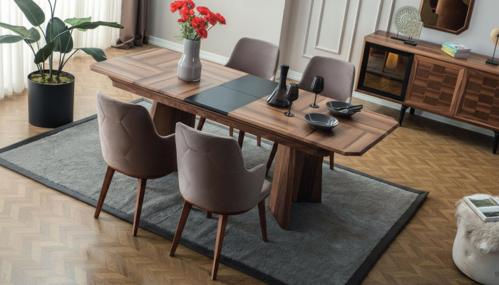 Komplett Iessgrupp Designer Iessgewand Holz Iessdësch 6x gepolstert Still