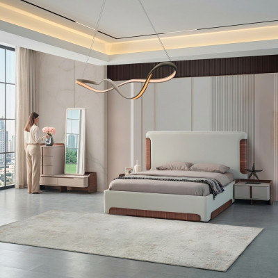 Stilvoll beige Schlofzëmmer Miwwelen Gepolstert Duebelbett Schminktisch 5tlg