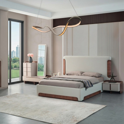 Stilvoll beige Schlofzëmmer Miwwelen Gepolstert Duebelbett Schminktisch 5tlg
