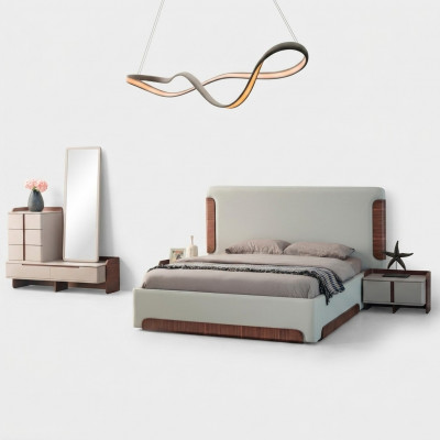 Stilvoll beige Schlofzëmmer Miwwelen Gepolstert Duebelbett Schminktisch 5tlg