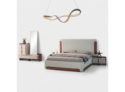 Stilvoll beige Schlofzëmmer Miwwelen Gepolstert Duebelbett Schminktisch 5tlg