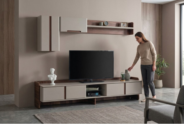 Wäiss Wunngzëmmer Wunnwand Luxusméigel RTV Lowboard Regaler Sideboard