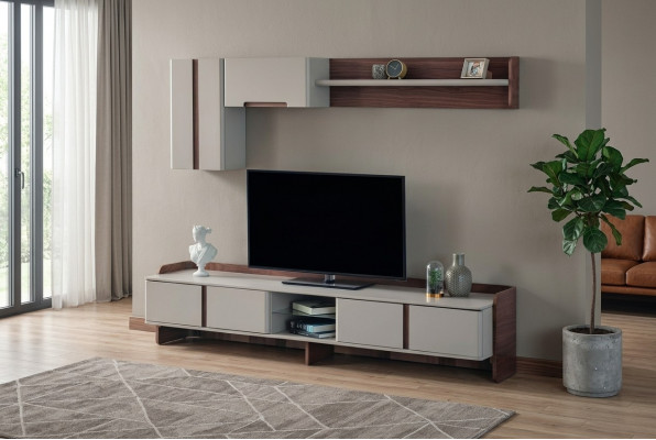 Wäiss Wunngzëmmer Wunnwand Luxusméigel RTV Lowboard Regaler Sideboard