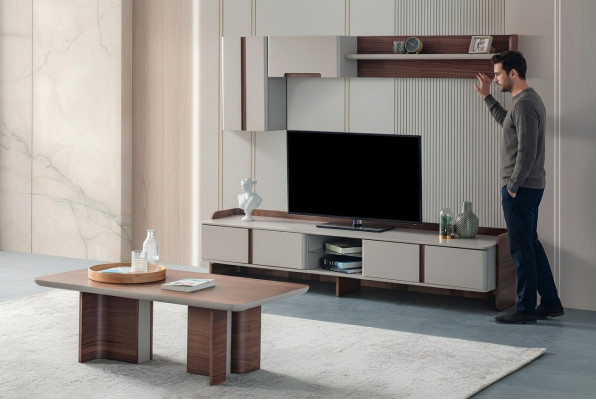 Stilvoll Wunnzëmmer Wanddekor Designer TV-Ständer Holz Kaffisdësch