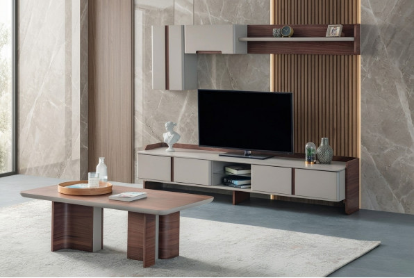 Stilvoll Wunnzëmmer Wanddekor Designer TV-Ständer Holz Kaffisdësch