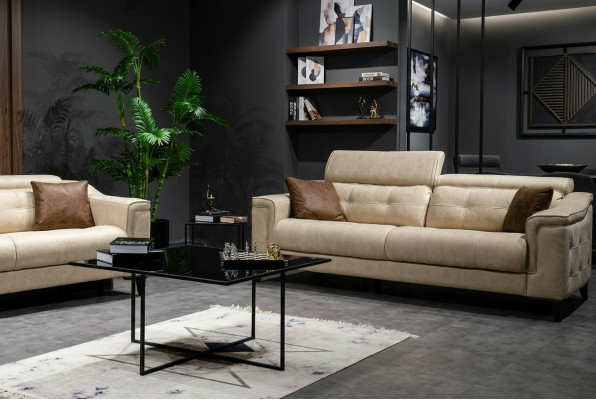 Beige Wunnzëmmer Dräi-Platze Lieder 3-Sëtzer Polster Couch Holzstruktuur