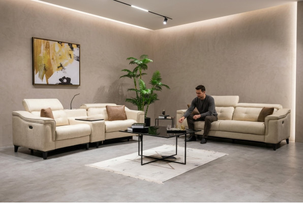 Beige Lieder Couchgruppé Designer 3-Sëtzer Zwéisëtzer Canapé 2tlg Set