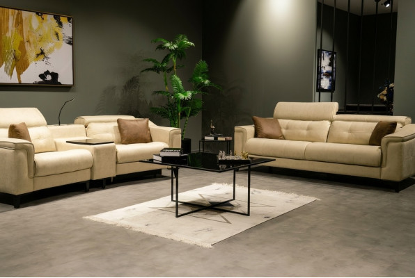 Beige Lieder Couchgruppé Designer 3-Sëtzer Zwéisëtzer Canapé 2tlg Set