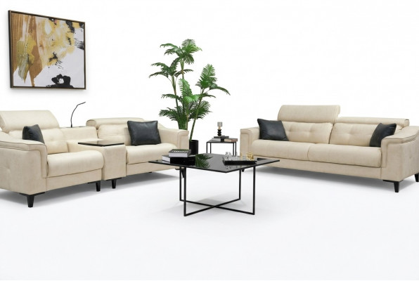 Beige Lieder Couchgruppé Designer 3-Sëtzer Zwéisëtzer Canapé 2tlg Set
