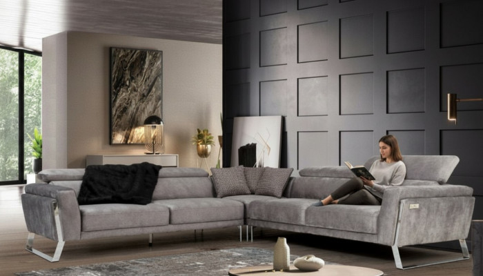 Grau Wunnzëmmer Eckcouch L-Form Couch Grousst Stoffséi Luxus Miwwelen Neit