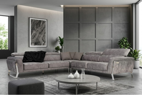 Grau Wunnzëmmer Eckcouch L-Form Couch Grousst Stoffséi Luxus Miwwelen Neit