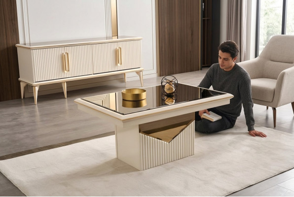 Luxus Salontafel Kaffisdësch Sofadësch Säitentësch Holz Beige Dësch