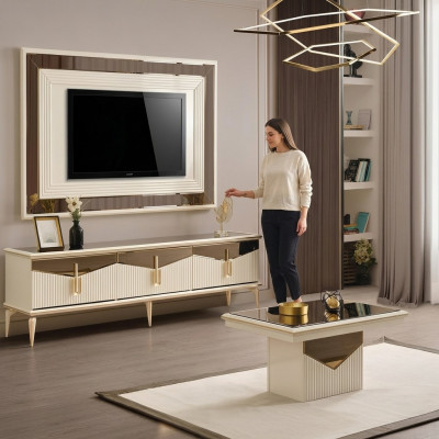 Luxus Wunnwand TV-Ständer Wandpanel Wunnzëmmer RTV Lowboard Gold