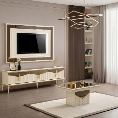 Luxus Wunnwand TV-Ständer Wandpanel Wunnzëmmer RTV Lowboard Gold