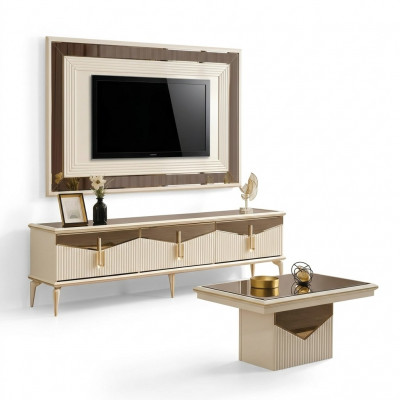 Luxus Wunnwand TV-Ständer Wandpanel Wunnzëmmer RTV Lowboard Gold