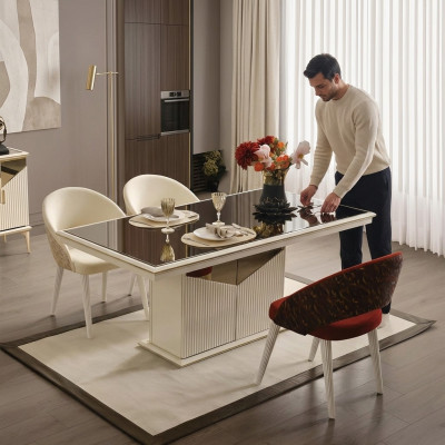 Iesszëmmerdësch Iessdësch Dësch Iesszëmmer Iesseck Beige Holz Gold Luxus