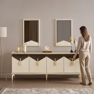 Luxus Sideboard Anrichte Schaf Kommode Holzschaf Holz Beige Gold