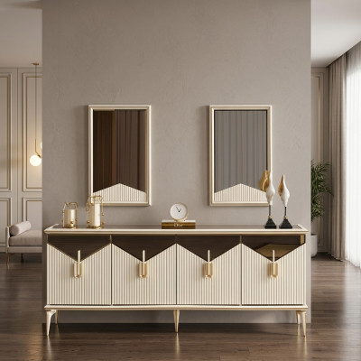 Luxus Sideboard Anrichte Schaf Kommode Holzschaf Holz Beige Gold