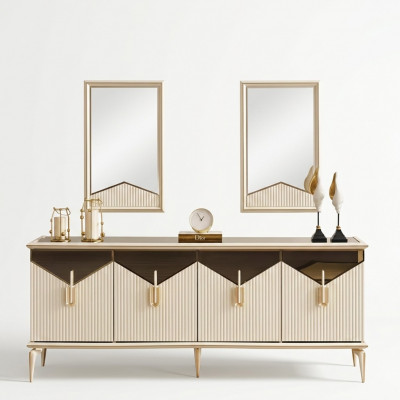 Luxus Sideboard Anrichte Schaf Kommode Holzschaf Holz Beige Gold