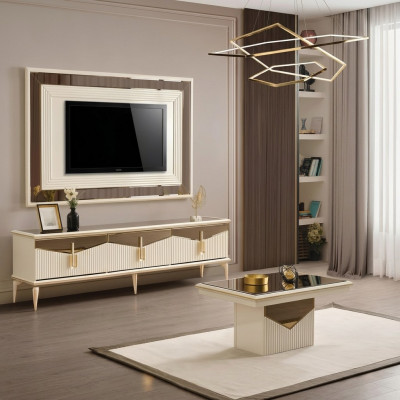 Wunnwand TV Ständer Wandpanel Couchtisch RTV Lowboard Gold 3tlg Beige
