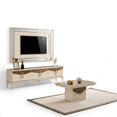 Wunnwand TV Ständer Wandpanel Couchtisch RTV Lowboard Gold 3tlg Beige