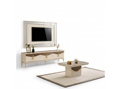 Wunnwand TV Ständer Wandpanel Couchtisch RTV Lowboard Gold 3tlg Beige