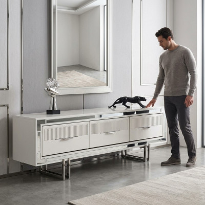 Sideboard TV Ständer Wandpanel Wäiss RTV Lowboard Modern Wunnwand
