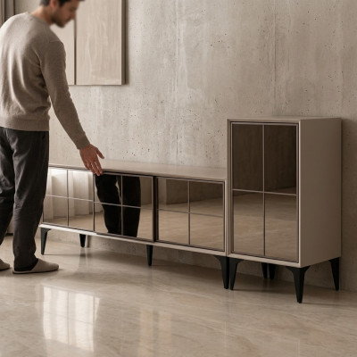 Säitestéck TV Stand RTV Lowboard Wäiss Holz Dësch Miwwel Wunnzëmmer