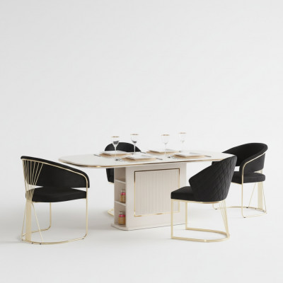 Komplett Iesszëmmer Luxus Iessgrupp Iessdësch Still 5-tlg Beige Iess-Eck