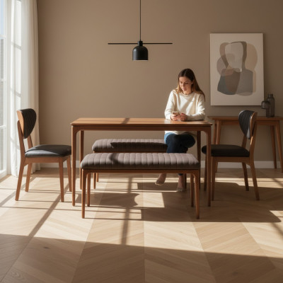 Iessgrupp Holz Iesszëmmer Iessdësch Still 6-tlg Braun Iess-Eck Bänk Stoff