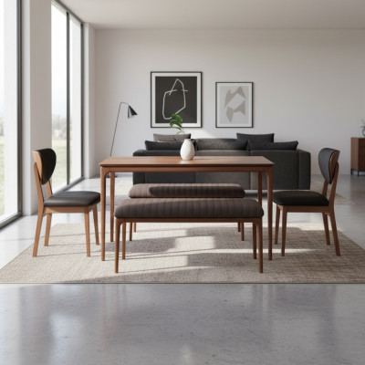 Iessgrupp Holz Iesszëmmer Iessdësch Still 6-tlg Braun Iess-Eck Bänk Stoff