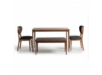 Iessgrupp Holz Iesszëmmer Iessdësch Still 6-tlg Braun Iess-Eck Bänk Stoff