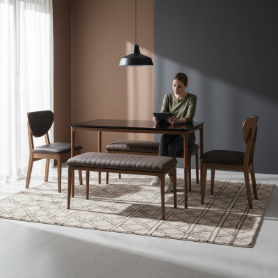Garnitur Iesszëmmer Iessdësch Holz Still 4 Deeler Braun Iessplaz Bank Stoff