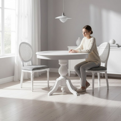 Luxus Iessgrupp Iesszëmmer Ronn Iessdësch Still 3tlg Wäiss Stoff Holz