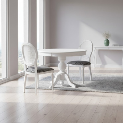 Luxus Iessgrupp Iesszëmmer Ronn Iessdësch Still 3tlg Wäiss Stoff Holz