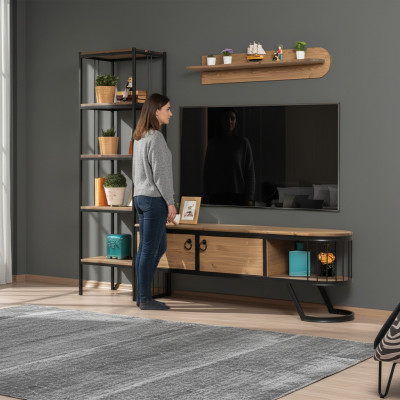 Wunnzëmmer TV Ständer Bicherregal RTV Lowboard Holz Braun Set 3tlg