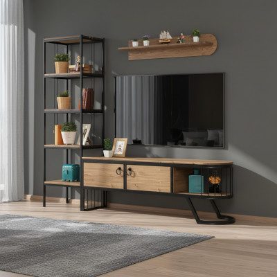 Wunnzëmmer TV Ständer Bicherregal RTV Lowboard Holz Braun Set 3tlg
