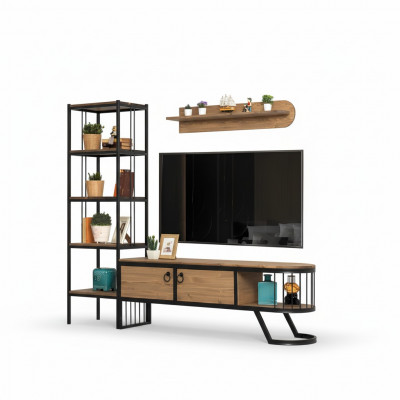 Wunnzëmmer TV Ständer Bicherregal RTV Lowboard Holz Braun Set 3tlg