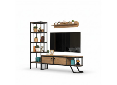 Wunnzëmmer TV Ständer Bicherregal RTV Lowboard Holz Braun Set 3tlg