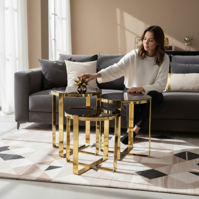 Grupp Niewentischen Kaffisdëscher Sofa Dëscher 3-Stéck Couchdëscher Gold