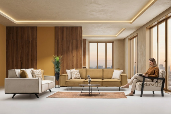Couchgarnitur Stoffsofa Véiersëtzer Zweesëtzer Sesseli Sofa Brong Set